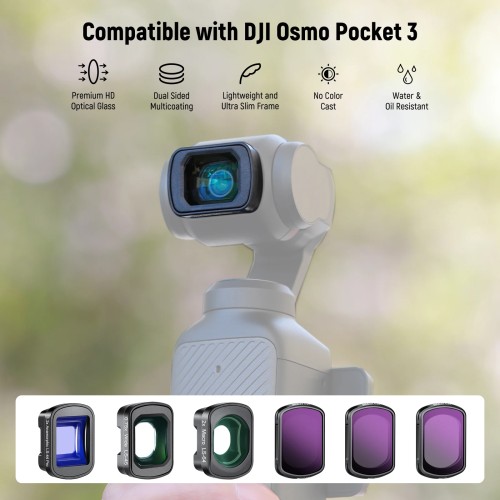 NEEWER 3 Pack ND Filter Set with 0.75X Wide Angle Lens, 2X Macro Lens, 1.2X Blue Anamorphic Lens For DJI Osmo Pocket 3 