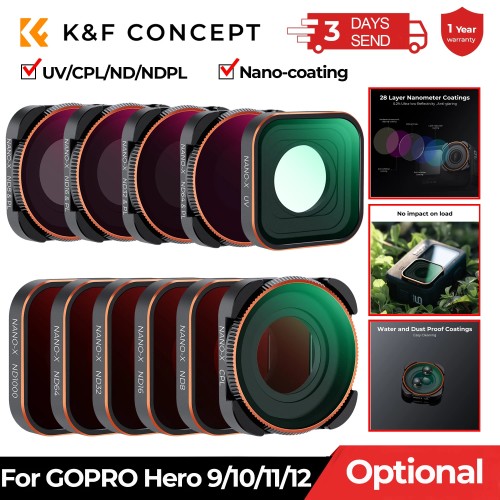 K&F Concept Action Camera Filters for GOPRO Hero 9/10/11/12 UV CPL ND/PL ND8 ND16 ND32 ND64 ND1000 Waterproof Case Filters Set 