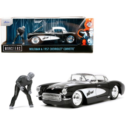 1957 Chevrolet Corvette Black with White Top and Wolfman Diecast Figure 'Universal Monsters' 'Hollywood Rides' Series 1/24 Diecast Model Car by Jada