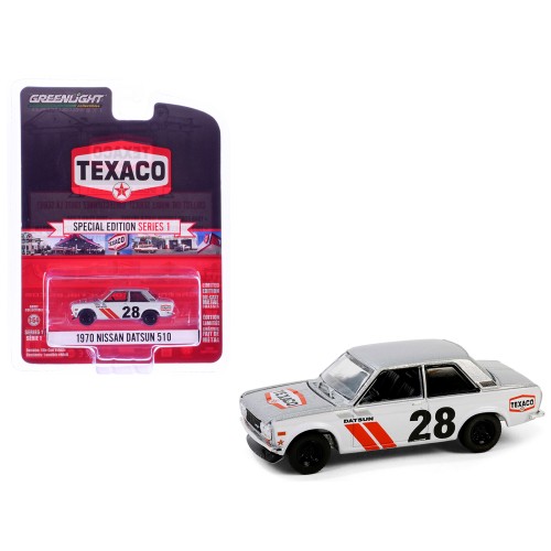 1970 Nissan Datsun 510 #28 'Texaco' Silver Metallic and White with Red Stripes 'Texaco Special Edition' Series 1 1/64 Diecast Model Car by Greenlight