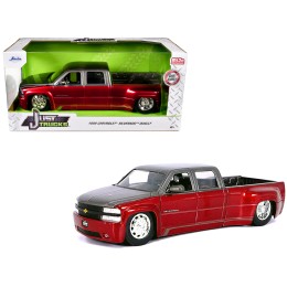 1999 Chevrolet Silverado Dually Pickup Truck Red Metallic and Gray with Stock Wheels 'Just Trucks' Series 1/24 Diecast Model Car by Jada