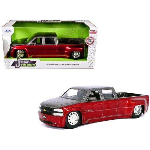 1999 Chevrolet Silverado Dually Pickup Truck Red Metallic and Gray with Stock Wheels 'Just Trucks' Series 1/24 Diecast Model Car by Jada