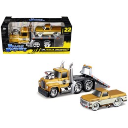 1980 Mack A685ST Flatbed Truck Gold Metallic with Beige Stripes 'Madman Garage' and 1972 Chevrolet C10 Pickup Truck Gold Metallic and Beige 'Muscle Transports' Series 1/64 Diecast Models by Muscle Machines
