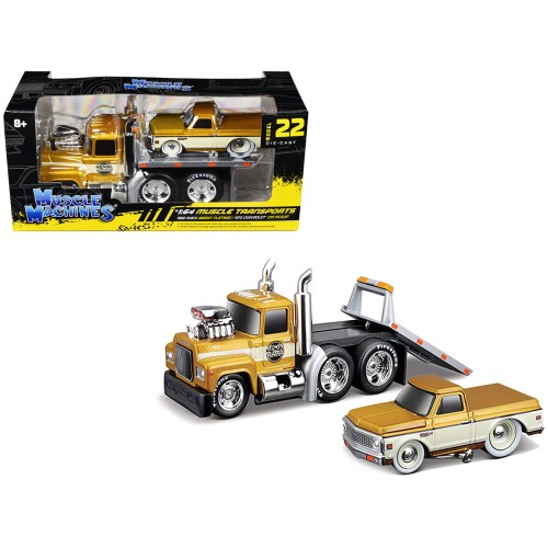 1980 Mack A685ST Flatbed Truck Gold Metallic with Beige Stripes 'Madman Garage' and 1972 Chevrolet C10 Pickup Truck Gold Metallic and Beige 'Muscle Transports' Series 1/64 Diecast Models by Muscle Machines