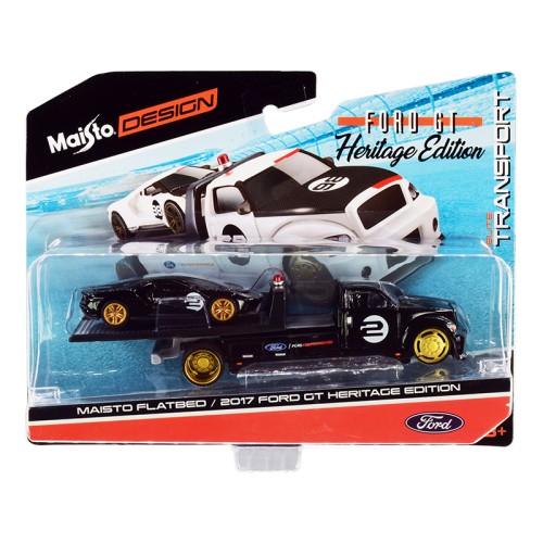 2017 Ford GT #2 Heritage Edition with Flatbed Truck Black 'Elite Transport' Series 1/64 Diecast Model Cars by Maisto