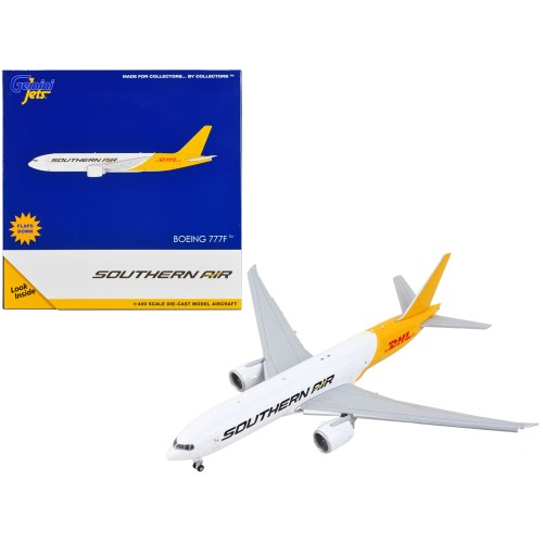 Boeing 777F Commercial Aircraft with Flaps Down 'Southern Air - DHL' White and Yellow 1/400 Diecast Model Airplane by GeminiJets