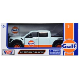 2017 Ford F-150 Raptor Pickup Truck Light Blue with Orange Stripes 'Gulf Oil' 'Gulf Die-Cast Collection' 1/27 Diecast Model Car by Motormax