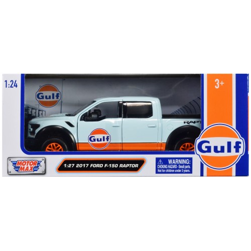 2017 Ford F-150 Raptor Pickup Truck Light Blue with Orange Stripes 'Gulf Oil' 'Gulf Die-Cast Collection' 1/27 Diecast Model Car by Motormax