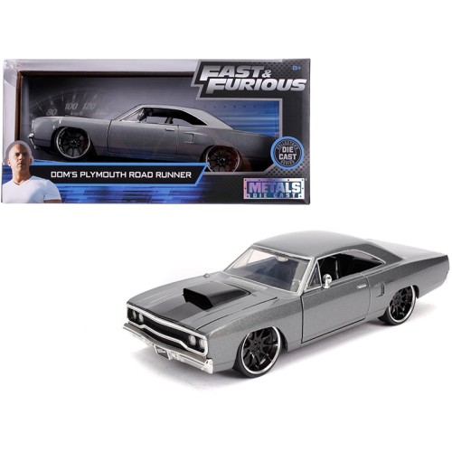 Dom's Plymouth Road Runner Gray Metallic with Black Hood Stripe 'Fast & Furious' Movie 1/24 Diecast Model Car by Jada