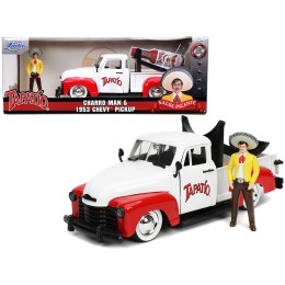 1953 Chevrolet Pickup Truck White and Red with Charro Man Diecast Figurine 'Tapatio' 1/24 Diecast Model Car by Jada