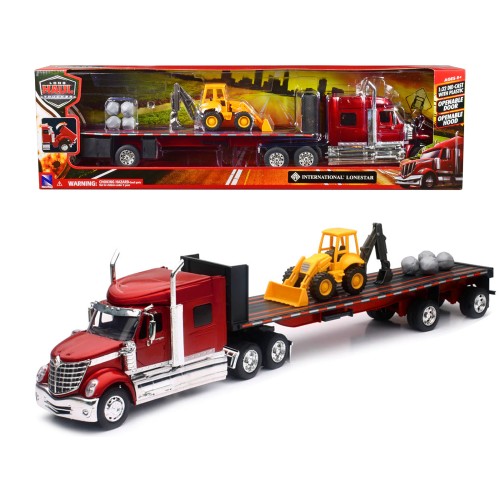 International Lonestar Truck with Flatbed Trailer Red Metallic with Front Loader and Rocks 'Long Haul Truckers' Series 1/32 Diecast Model by New Ray