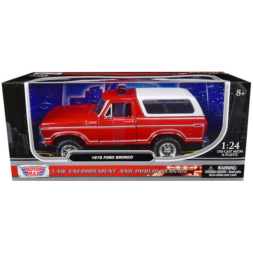 1978 Ford Bronco Fire Department Unmarked Red 'Law Enforcement and Public Service' Series 1/24 Diecast Model Car by Motormax