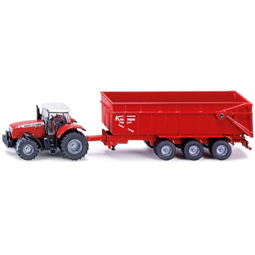 Massey Ferguson 8480 Dyna VT Tractor Red with Silver Top and Krampe Dump Trailer Red 1/87 (HO) Diecast Models by Siku