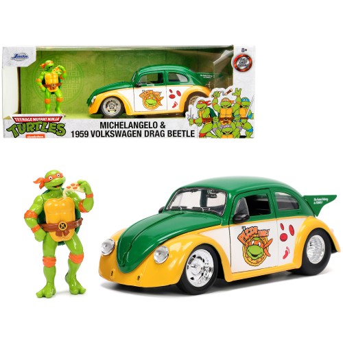 1959 Volkswagen Drag Beetle Green and Yellow and Michelangelo Diecast Figure 'Teenage Mutant Ninja Turtles' 'Hollywood Rides' Series 1/24 Diecast Model Car by Jada