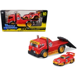 JDM Flatbed Truck #17 Red 'RAUH-Welt BEGRIFF' and Porsche RWB 911 993 #17 Red 'Muscle Transports' Series 1/64 Diecast Model Cars by Muscle Machines