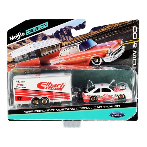 1993 Ford SVT Mustang Cobra #17 with Enclosed Car Trailer 'Eibach' White with Red Stripes 'Tow & Go' Series 1/64 Diecast Model Cars by Maisto