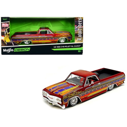 1965 Chevrolet El Camino Lowrider Candy Red Metallic with Graphics 'Lowriders' Series 1/25 Diecast Model Car by Maisto