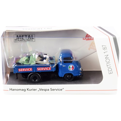 Hanomag Kurier Transporter 'Vespa Service' Blue with 2 Vespas (Green and Cream) 1/87 (HO) Diecast Models by Schuco