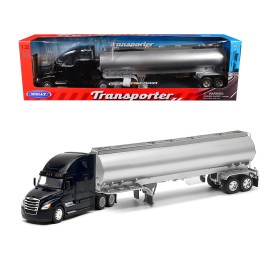 Freightliner Cascadia Truck Black with Silver Tanker Trailer 'Transporter' Series 1/32 Diecast Model by Welly