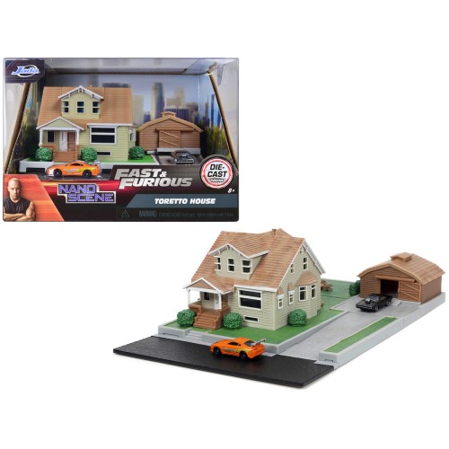 Toretto House Diorama with Dodge Charger Black and Toyota Supra Orange with Graphics 'Fast and Furious' 'Nano Scene' Series Models by Jada