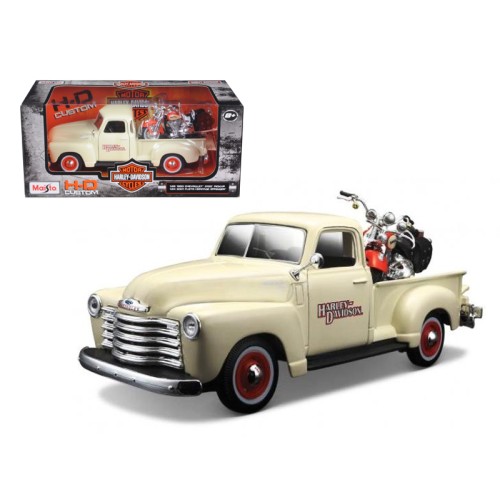 1950 Chevrolet 3100 Pickup Truck Cream 1/25 and 2001 FLSTS Heritage Springer Motorcycle Orange 1/24 'Harley-Davidson Custom' Series Diecast Models by Maisto