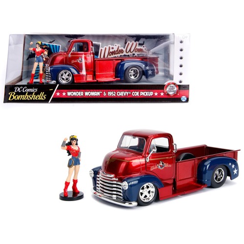 1952 Chevrolet COE Pickup Truck Candy Red and Blue with Wonder Woman Diecast Figure 'DC Comics Bombshells' Series 'Hollywood Rides' 1/24 Diecast Model Car by Jada