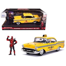 1957 Chevrolet Bel Air Taxi Yellow with Deadpool Diecast Figurine 'Marvel' Series 1/24 Diecast Model Car by Jada