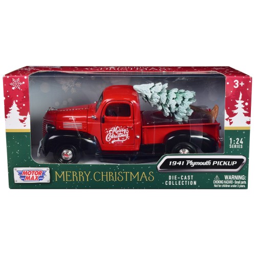 1941 Plymouth Pickup Truck Red and Black 'Merry Christmas' with Tree Accessory 1/24 Diecast Model Car by Motormax