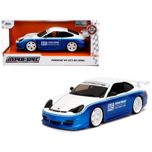 Porsche 911 GT3 RS (996) #845 White and Blue Metallic 'Toyo Tires' 'Hyper-Spec' Series 1/24 Diecast Model Car by Jada