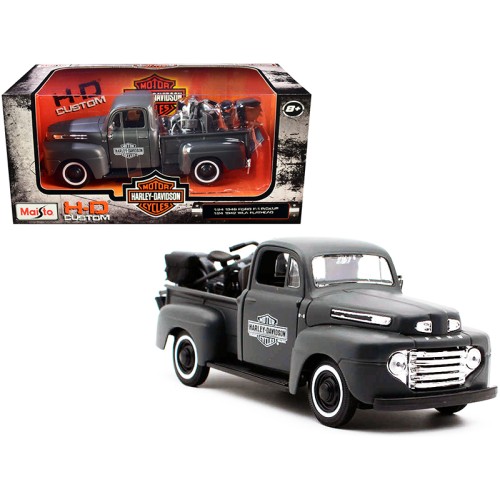 1948 Ford F-1 Pickup Truck and 1942 Harley-Davidson WLA Flathead Motorcycle Matt Dark Gray 'Harley-Davidson Custom' 1/24 Diecast Models by Maisto