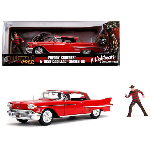 1958 Cadillac Series 62 Red with Freddy Krueger Diecast Figurine 'A Nightmare on Elm Street' Movie 1/24 Diecast Model Car by Jada