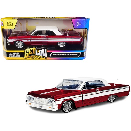1964 Chevrolet Impala Lowrider Hard Top Candy Red Metallic with White Top 'Get Low' Series 1/24 Diecast Model Car by Motormax