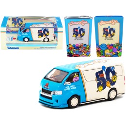Toyota Hiace Widebody Van 'Mr. Men Little Miss 50th Anniversary' (1971-2021) with METAL OIL CAN 1/64 Diecast Model Car by Tarmac Works