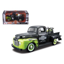 1948 Ford F-1 Pickup Truck 'Harley Davidson' with 1948 Harley Davidson FL Panhead Motorcycle Black and Green 1/24 Diecast Models by Maisto