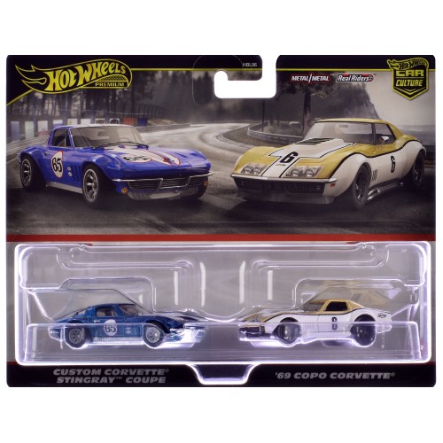 Chevrolet Custom Corvette Stingray Coupe #65 Blue Metallic with White Stripes and 1969 Chevrolet COPO Corvette #6 Gold Metallic and White 'Car Culture' Set of 2 Cars Diecast Model Cars by Hot Wheels