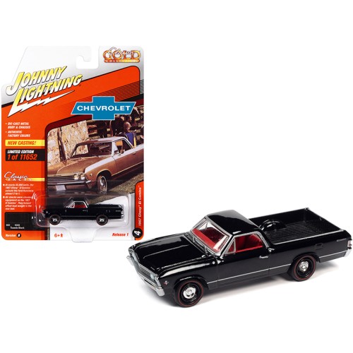 1967 Chevrolet El Camino Tuxedo Black with Red Interior 'Classic Gold Collection' Series Limited Edition to 11652 pieces Worldwide 1/64 Diecast Model Car by Johnny Lightning