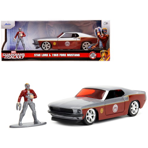 1969 Ford Mustang Silver Metallic and Dark Red and Star Lord Diecast Figure 'Marvel Guardians of the Galaxy' 'Hollywood Rides' Series 1/32 Diecast Model Car by Jada