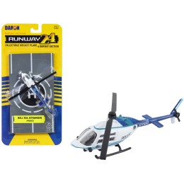 Bell 206 Jetranger Helicopter White and Blue 'Police-N70650' with Runway Section Diecast Model by Runway24