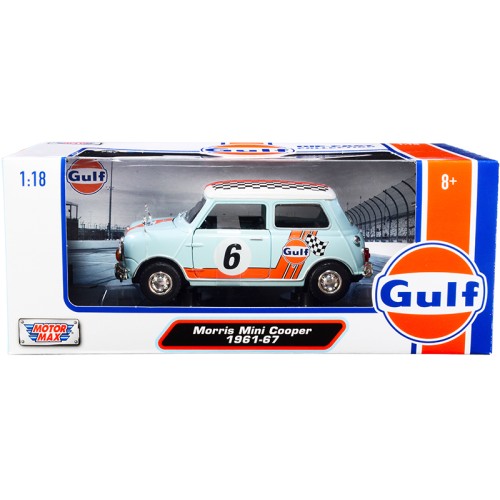 1961-1967 Morris Mini Cooper RHD (Right Hand Drive) #6 'Gulf Oil' Light Blue with Orange Stripes and Checkered Top 'City Classics' Series 1/18 Diecast Model Car by Motormax