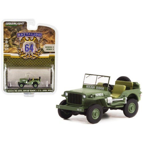 1942 Willys MB Jeep #20362162-S Green 'U.S. Army World War II - Rough Rider' 'Battalion 64' Release 2 1/64 Diecast Model Car by Greenlight
