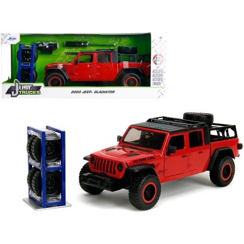 2020 Jeep Gladiator Rubicon Pickup Truck Red with Black Top and Extra Wheels 'Just Trucks' Series 1/24 Diecast Model Car by Jada