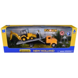 Peterbilt 335 Roll-Off Flatbed Truck and New Holland B110C Backhoe Loader with Street Signs 'New Holland Construction' Diecast Models by New Ray