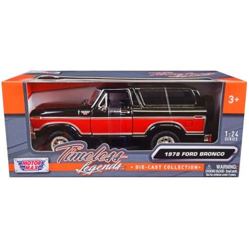 1978 Ford Bronco Ranger XLT with Spare Tire Black and Red 'Timeless Legends' Series 1/24 Diecast Model Car by Motormax