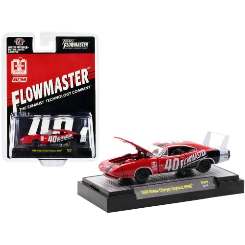 1969 Dodge Charger Daytona HEMI #40 Red with Graphics 'Flowmaster' Limited Edition to 6600 pieces Worldwide 1/64 Diecast Model Car by M2 Machines