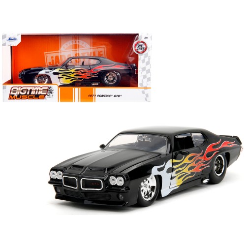 1971 Pontiac GTO Black with Flame Graphics 'Bigtime Muscle' Series 1/24 Diecast Model Car by Jada