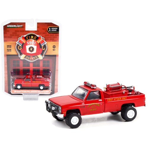 1986 Chevrolet C20 Custom Deluxe Pickup Truck Red First Attack Unit Fire Equipment and Hose and Tank 'Lawrenceburg Fire Department' (Indiana) 'Fire & Rescue' Series 1 1/64 Diecast Model Car by Greenlight