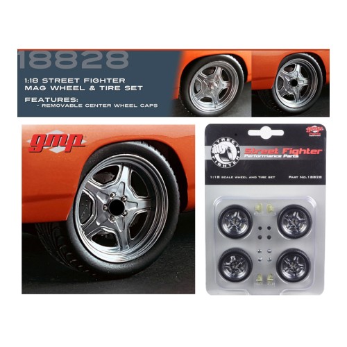 Street Fighter Mag Wheel and Tire Set of 4 pieces from '1970 Plymouth RoadRunner 'The Hammer' 'Fast & Furious' Movie 1/18 by GMP