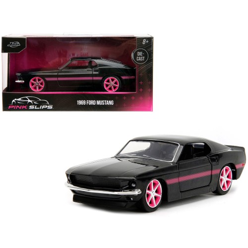 1969 Ford Mustang Black Metallic with Pink Stripes and Wheels 'Pink Slips' Series 1/32 Diecast Model Car by Jada