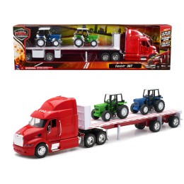 Peterbilt 387 Flatbed Truck Red with 2 Farm Tractors Blue and Green 'Long Haul Trucker' Series 1/32 Diecast Model by New Ray