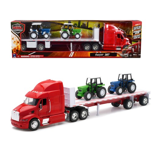 Peterbilt 387 Flatbed Truck Red with 2 Farm Tractors Blue and Green 'Long Haul Trucker' Series 1/32 Diecast Model by New Ray